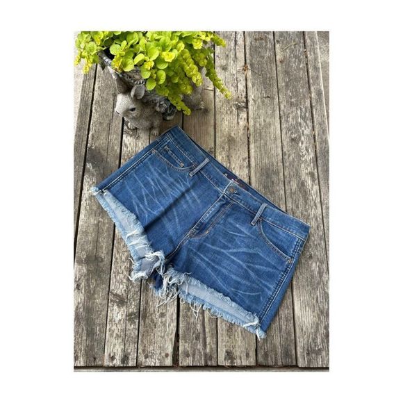 Hollister High Rise Short Short Denim Cut-Off Shorts Med Wash Sz 32 - Picture 1 of 5